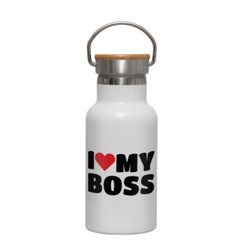 I LOVE MY BOSS, Metallic thermos (Stainless steel) White with wooden lid (bamboo), double-walled, 350ml
