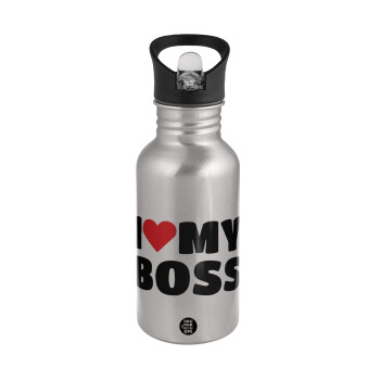 I LOVE MY BOSS, Water bottle Silver with straw, stainless steel 500ml