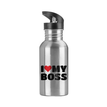 I LOVE MY BOSS, Water bottle Silver with straw, stainless steel 600ml