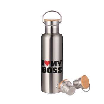 I LOVE MY BOSS, Stainless steel Silver with wooden lid (bamboo), double wall, 750ml
