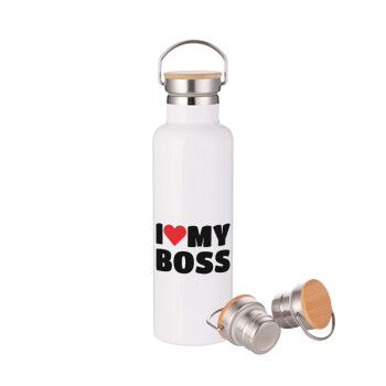 I LOVE MY BOSS, Stainless steel White with wooden lid (bamboo), double wall, 750ml