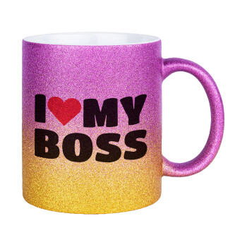 I LOVE MY BOSS, Κούπα Χρυσή/Ροζ Glitter, κεραμική, 330ml