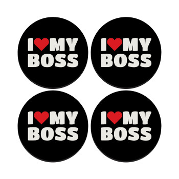 I LOVE MY BOSS, SET of 4 round wooden coasters (9cm)