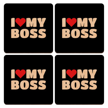 I LOVE MY BOSS, ΣΕΤ x4 Σουβέρ ξύλινα τετράγωνα plywood (9cm)
