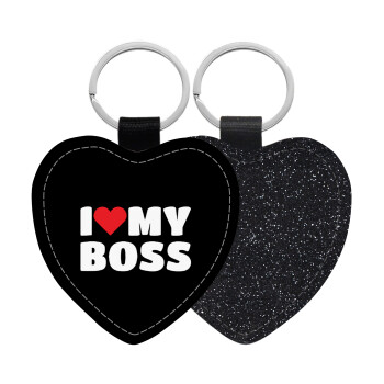 I LOVE MY BOSS, Μπρελόκ PU δερμάτινο glitter καρδιά ΜΑΥΡΟ