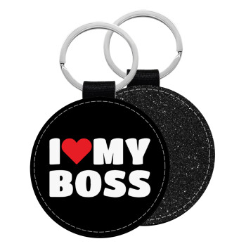 I LOVE MY BOSS, Μπρελόκ Δερματίνη, στρογγυλό ΜΑΥΡΟ (5cm)