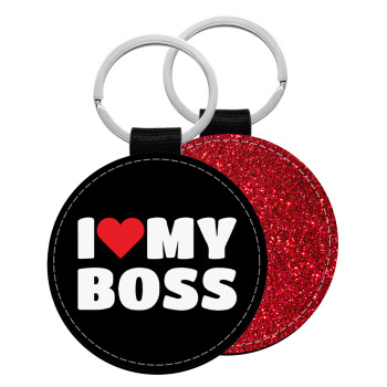 I LOVE MY BOSS, Μπρελόκ Δερματίνη, στρογγυλό ΚΟΚΚΙΝΟ (5cm)