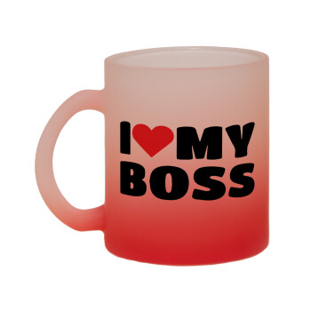 I LOVE MY BOSS, Κούπα γυάλινη δίχρωμη με βάση το κόκκινο ματ, 330ml