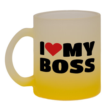 I LOVE MY BOSS, Κούπα γυάλινη δίχρωμη με βάση το κίτρινο ματ, 330ml
