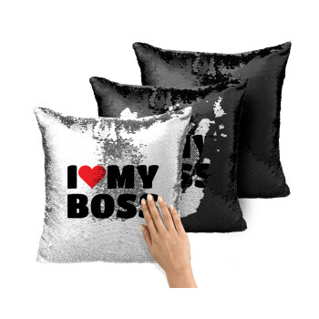 I LOVE MY BOSS, Μαξιλάρι καναπέ Μαγικό Μαύρο με πούλιες 40x40cm περιέχεται το γέμισμα