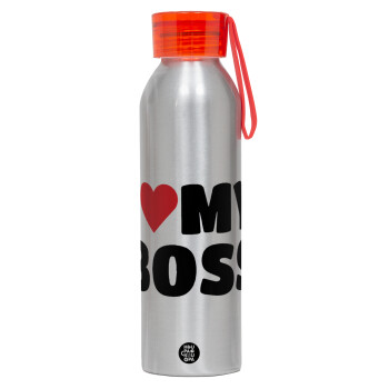 I LOVE MY BOSS, Aluminum Sports Bottle 650ml – Silver with Red Cap and Silicone Strap