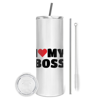 I LOVE MY BOSS, Tumbler ποτήρι θερμό από ανοξείδωτο ατσάλι 600ml, με μεταλλικό καλαμάκι & βούρτσα καθαρισμού