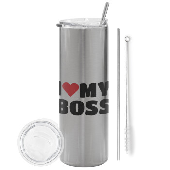 I LOVE MY BOSS, Eco friendly stainless steel Silver tumbler 600ml, with metal straw & cleaning brush