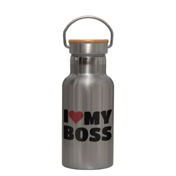 I LOVE MY BOSS, Stainless steel metallic thermos flask, silver with a bamboo lid, double-walled, 350ml.