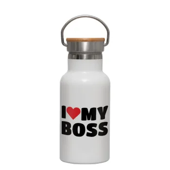 I LOVE MY BOSS, Metallic thermos (Stainless steel) White with wooden lid (bamboo), double-walled, 350ml