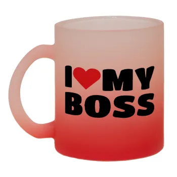I LOVE MY BOSS, Κούπα γυάλινη δίχρωμη με βάση το κόκκινο ματ, 330ml