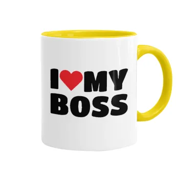I LOVE MY BOSS, Κούπα χρωματιστή κίτρινη, κεραμική, 330ml