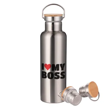 I LOVE MY BOSS, Stainless steel Silver with wooden lid (bamboo), double wall, 750ml
