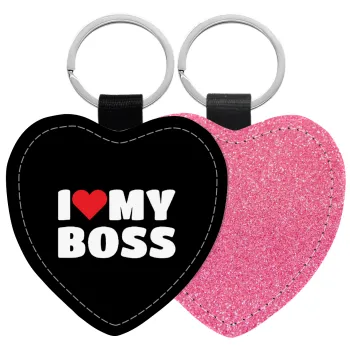 I LOVE MY BOSS, Μπρελόκ PU δερμάτινο glitter καρδιά ΡΟΖ