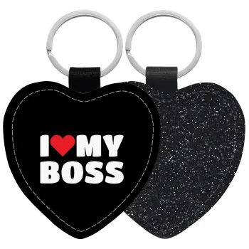 I LOVE MY BOSS, Μπρελόκ PU δερμάτινο glitter καρδιά ΜΑΥΡΟ