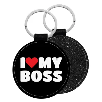 I LOVE MY BOSS, Μπρελόκ Δερματίνη, στρογγυλό ΜΑΥΡΟ (5cm)