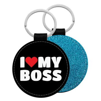I LOVE MY BOSS, Μπρελόκ Δερματίνη, στρογγυλό ΜΠΛΕ (5cm)
