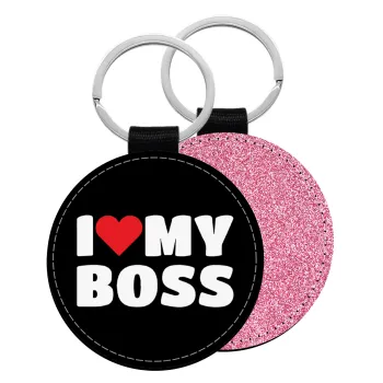 I LOVE MY BOSS, Μπρελόκ Δερματίνη, στρογγυλό ΡΟΖ (5cm)