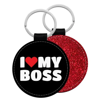 I LOVE MY BOSS, Μπρελόκ Δερματίνη, στρογγυλό ΚΟΚΚΙΝΟ (5cm)