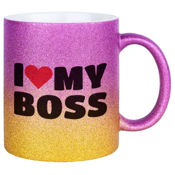I LOVE MY BOSS, Κούπα Χρυσή/Ροζ Glitter, κεραμική, 330ml