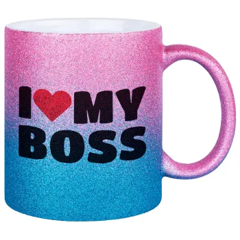 I LOVE MY BOSS, Κούπα Χρυσή/Μπλε Glitter, κεραμική, 330ml