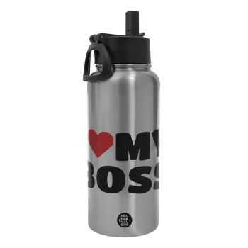 I LOVE MY BOSS, Metal mug thermo Silver with Straw and Spout Lid (Stainless steel), double wall, 950ml