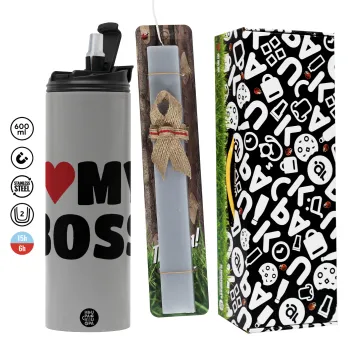 I LOVE MY BOSS, Πασχαλινή Λαμπάδα με Travel Tumbler θερμό (600ml, BPA free) & κερί αρωματικό πλακέ (30cm) (ΓΚΡΙ)