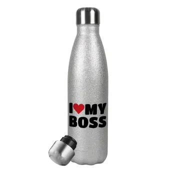 I LOVE MY BOSS, Metallic Glitter Silver Thermos Flask (Stainless steel), double-walled, 500ml