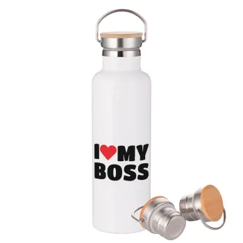 I LOVE MY BOSS, Stainless steel White with wooden lid (bamboo), double wall, 750ml