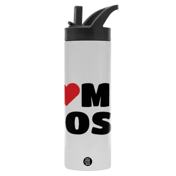 I LOVE MY BOSS, Μεταλλικό παγούρι θερμός με καλαμάκι & χειρολαβή, ανοξείδωτο ατσάλι (Stainless steel 304), διπλού τοιχώματος, 600ml