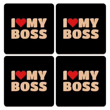 I LOVE MY BOSS, ΣΕΤ x4 Σουβέρ ξύλινα τετράγωνα plywood (9cm)