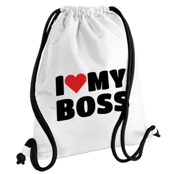 I LOVE MY BOSS, Backpack pouch GYMBAG white, with pocket (40x48cm) & thick cords
