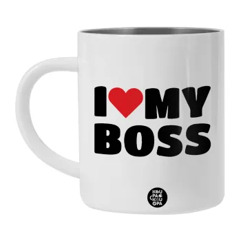I LOVE MY BOSS, Λευκή Ανοξείδωτη Μεταλλική Κούπα 450ml - Διπλού Τοιχώματος 