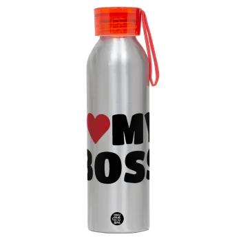 I LOVE MY BOSS, Αλουμινένιο Αθλητικό Μπουκάλι 650ml – Ασημί με Κόκκινο Καπάκι και Λουράκι Σιλικόνης
