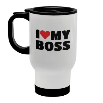I LOVE MY BOSS, Stainless steel travel mug with lid, double wall white 450ml
