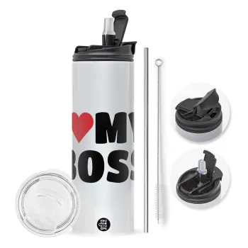 I LOVE MY BOSS, Travel Tumbler θερμό με διπλό καπάκι, μεταλλικό καλαμάκι και βούρτσα καθαρισμού (Ανωξείδωτο 304 Food grade, BPA free, 600ml)
