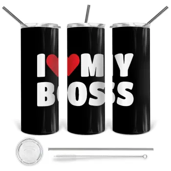 I LOVE MY BOSS, Tumbler ποτήρι θερμό από ανοξείδωτο ατσάλι 600ml, με μεταλλικό καλαμάκι & βούρτσα καθαρισμού