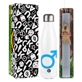 MALE, Easter candle, metallic white thermos bottle (500ml) & aromatic flat candle (30cm) (GRAY)