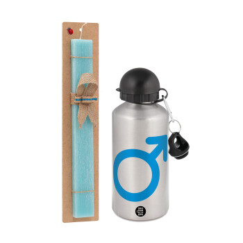 MALE, Easter Set, metallic silver aluminum water bottle (500ml) & scented flat Easter candle (30cm) (TURQUOISE)