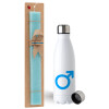 Easter Set, metallic stainless steel water bottle (750ml) & aromatic flat Easter candle (30cm) (TURQUOISE)