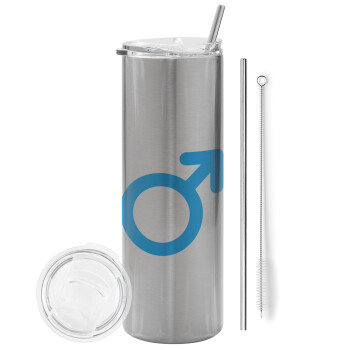 MALE, Eco friendly stainless steel Silver tumbler 600ml, with metal straw & cleaning brush