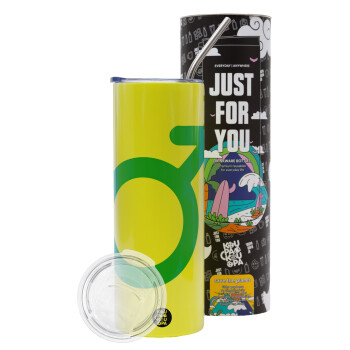 MALE, Neon Yellow Travel Tumbler, with metal straw (Stainless steel 304 Food grade, BPA free, 600ml)