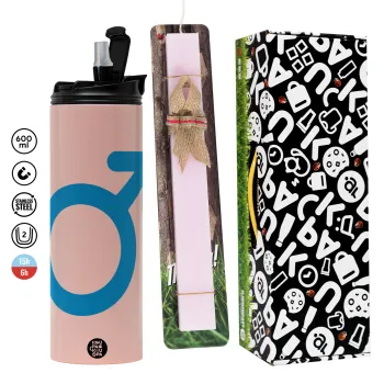 MALE, Easter candle,Travel Tumbler 2 Lids, with metal straw & cleaning brush & aromatic flat candle (30cm) (PINK)