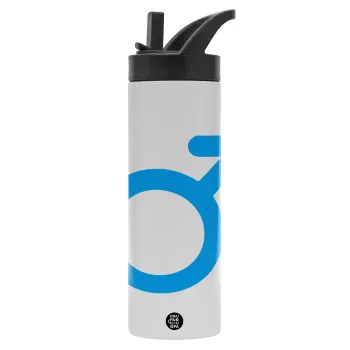 MALE, Metallic thermos bottle with straw & handle, stainless steel (Stainless steel 304), double-walled, 600ml.