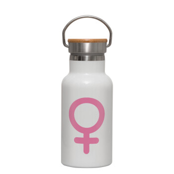 FEMALE, Metallic thermos (Stainless steel) White with wooden lid (bamboo), double-walled, 350ml